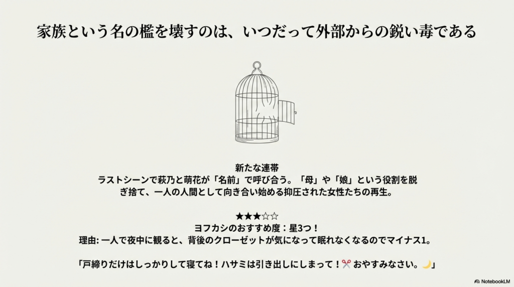 扉が開いた鳥籠のイラスト。家族という役割を脱ぎ捨てた女性たちの再生と、ヨフカシのおすすめ度（星3）。