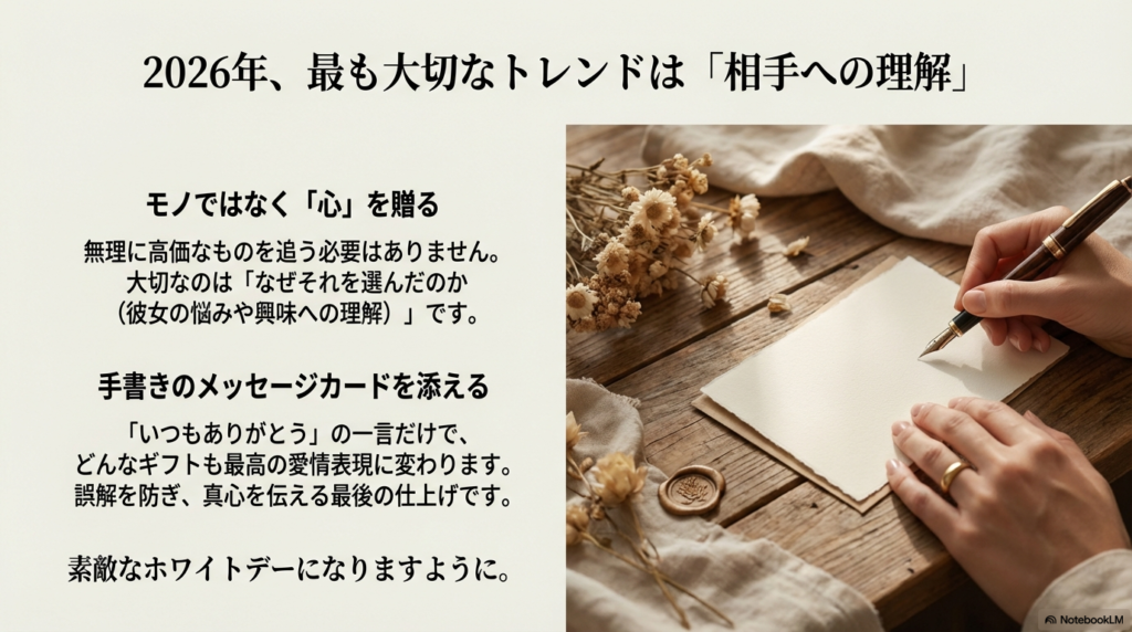 手書きのメッセージを添えることの重要性と、モノではなく「なぜそれを選んだのか」という心を贈ることを強調したクロージングスライド 。