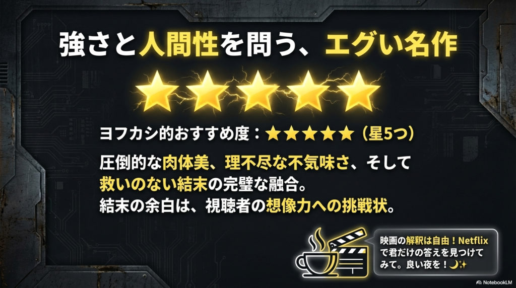 輝く5つの星と、コーヒー、カチンコのアイコン。「強さと人間性を問う、エグい名作」というキャッチコピー。