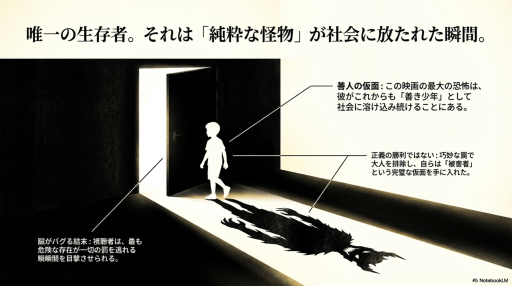 巧妙な罠で大人を排除し、一切の罰を逃れて被害者の仮面を手に入れた「純粋な怪物」が社会へ放たれる瞬間を描いたイラスト 。