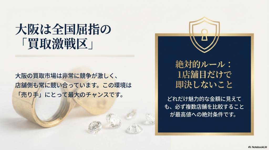 大阪は全国屈指の「買取激戦区」であり、売り手にとってチャンスであること、そして「1店舗目だけで即決せず、必ず複数店舗を比較すること」が最高値への絶対的ルールであることを説明するスライド。