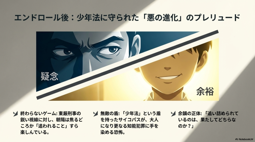 東刑事の疑念の視線に対し、余裕の笑みを浮かべる朝陽。少年法に守られた「悪の進化」を予感させる対峙シーン 。