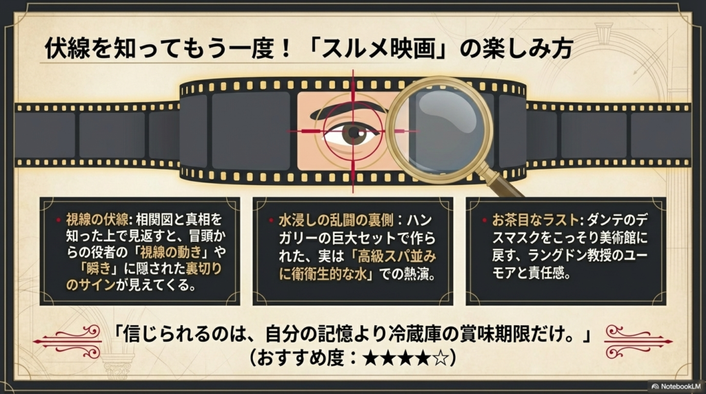 役者の視線の動き、撮影セットの衛生面、ラストシーンのユーモアなど、二回目以降の視聴で注目すべきポイントをまとめたガイド。