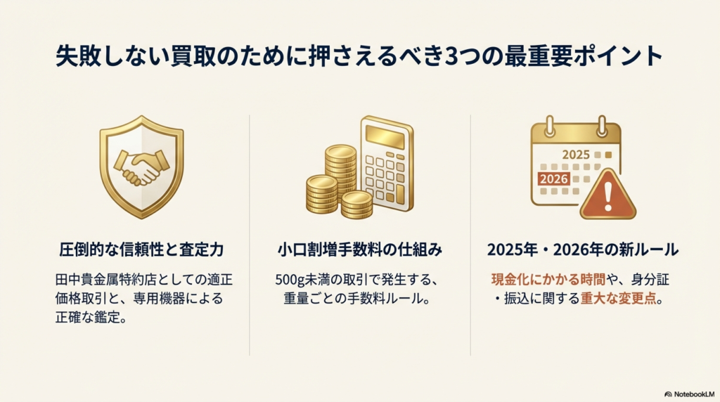 査定力、手数料、2025・2026年の新ルールという、買取前に必ず押さえておくべき3つのポイントの要約。