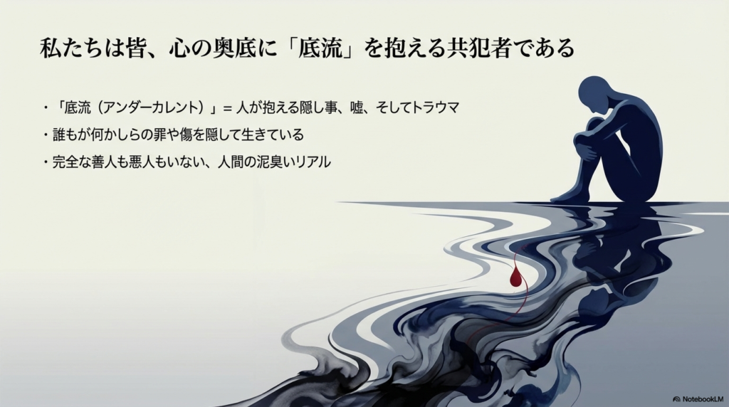 水辺に座る人物のシルエット。底流とは人が抱える隠し事、嘘、トラウマであるという解説。