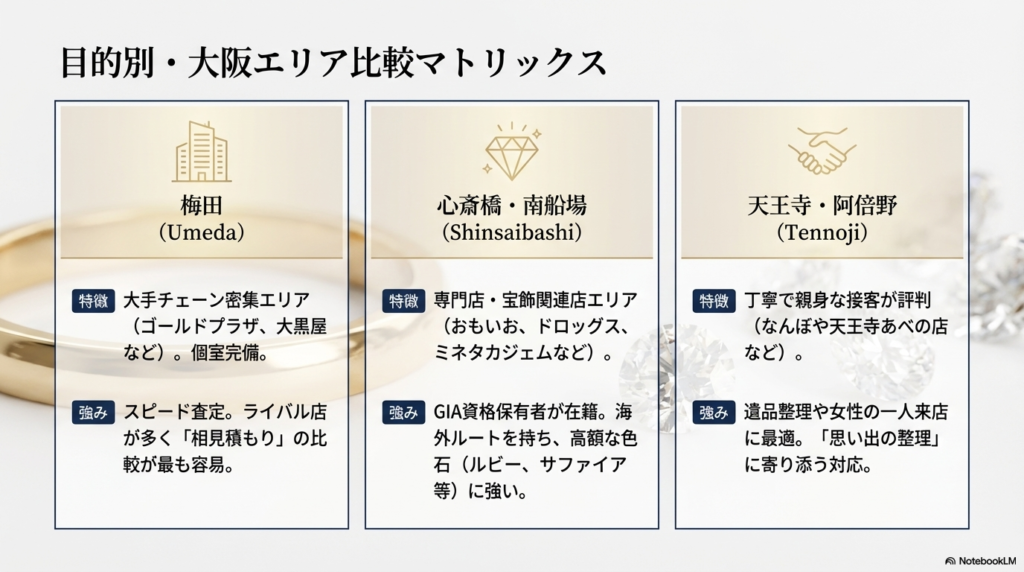 梅田（大手チェーン・スピード）、心斎橋（専門店・色石）、天王寺（丁寧・遺品整理）の3エリアについて、それぞれの特徴と強みをまとめた比較表スライド。