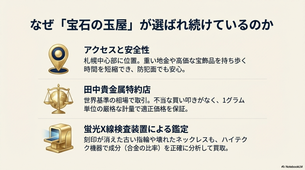 世界基準の相場での取引と、蛍光X線検査装置による成分分析で古いジュエリーも正確に鑑定する仕組みの解説。