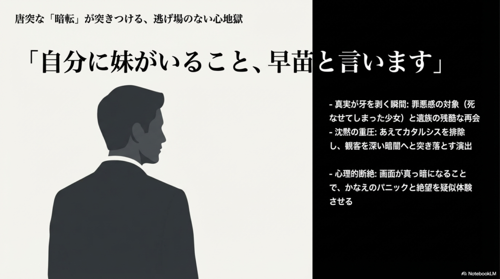 真実が牙を剥く瞬間と、暗転によって観客にかなえの絶望を疑似体験させる演出の解説。