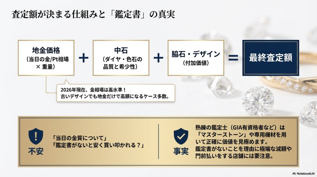 査定額が「地金＋中石＋脇石・デザイン」で決まる仕組みを解説。2026年現在の金相場が高水準であることや、熟練の鑑定士がいれば鑑定書がなくても正確な査定が可能であることを示すスライド。