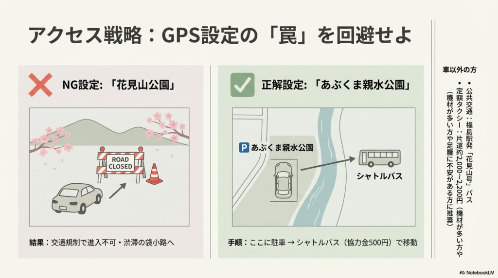 カーナビを「花見山公園」に設定するのはNG(交通規制のため)、正解は「あぶくま親水公園」に設定し、そこからシャトルバスで移動する手順を示すイラスト。