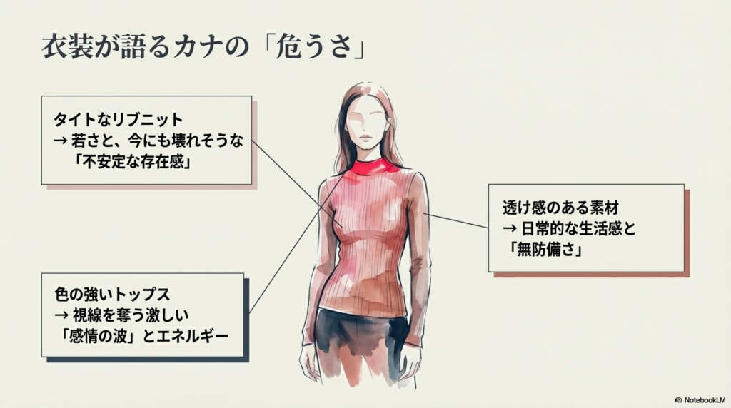 タイトなリブニットや透け感のある素材、色の強いトップスを着た女性のイラスト。それぞれの服装が「不安定な存在感」「無防備さ」「激しい感情の波」を象徴していることを示す図解。