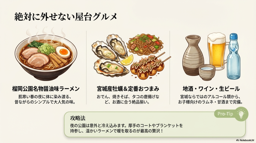 醤油味ラーメン、宮城産牡蠣、おつまみ(焼きそば・たこ焼き)、地酒、ビールのイラスト。 夜の公園は冷え込むため、厚手のコートやブランケットの持参を推奨する攻略法も記載。