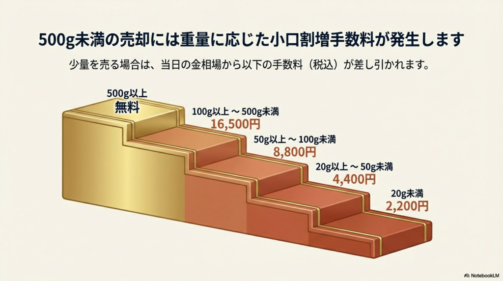 500g未満の売却にかかる手数料の図解。20g未満2,200円から100g以上16,500円までの階段状の料金表。