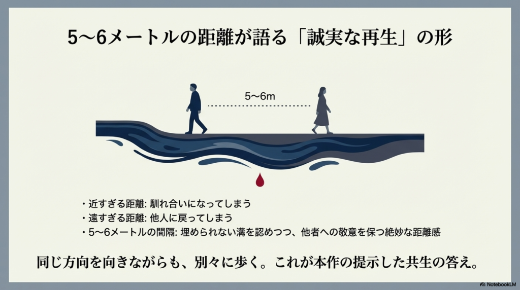 二人が一定の距離を保って歩くイラスト。埋められない溝を認めつつ敬意を保つ距離についての解説。