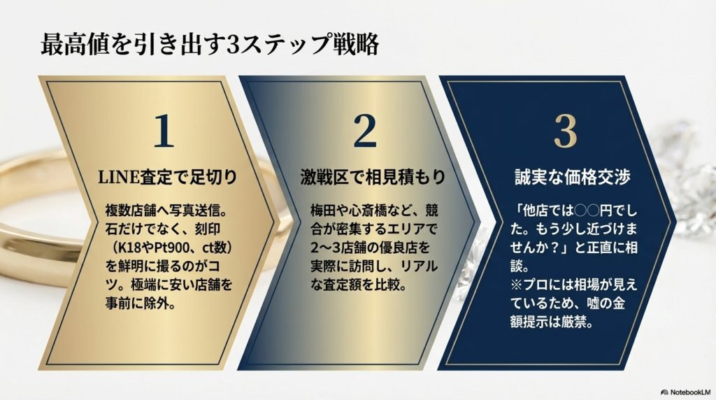 1.LINE査定で足切り、2.激戦区で相見積もり、3.誠実な価格交渉、という最高値を引き出すための具体的なプロセスをまとめたスライド。