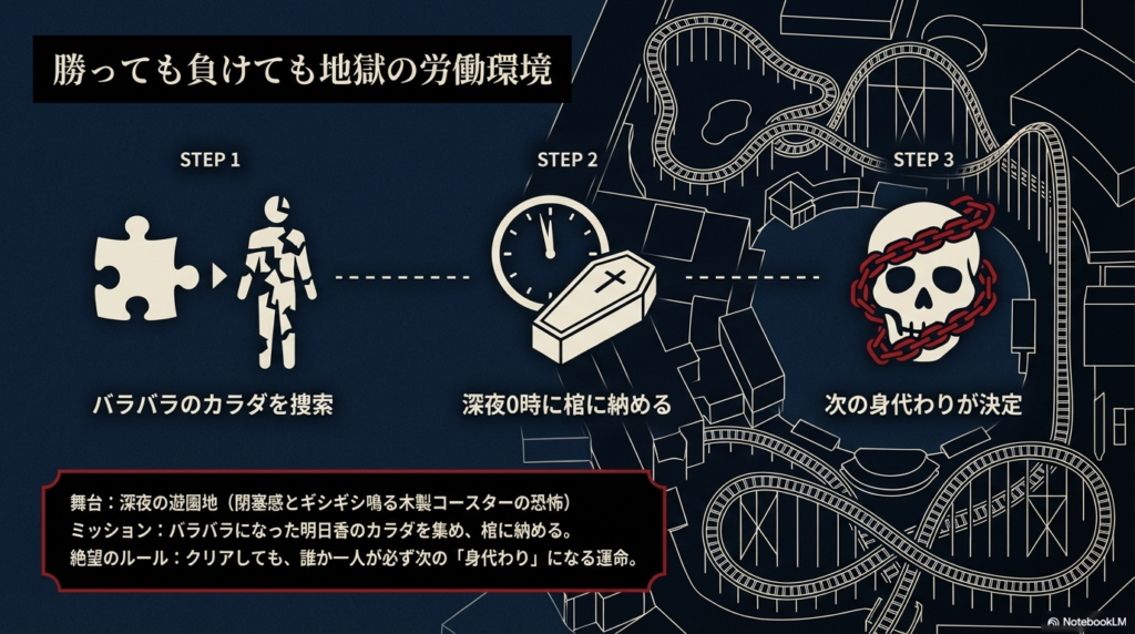 バラバラのカラダを捜索し、深夜0時に棺に納め、次の身代わりが決定するという絶望のルール解説。
