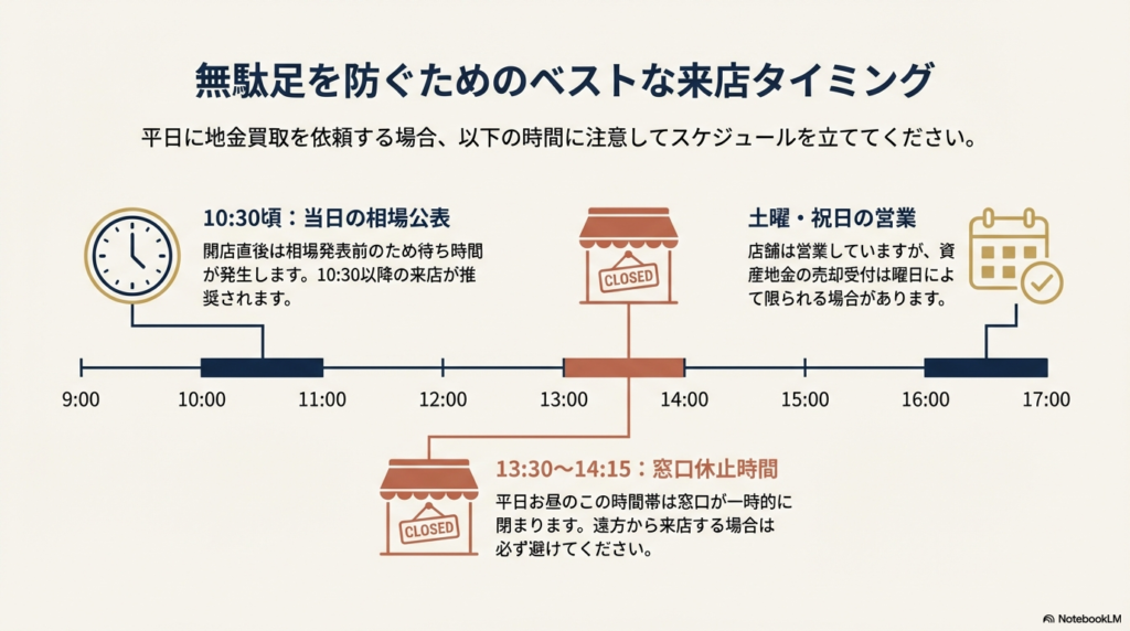 10:30頃の相場公表や、平日13:30〜14:15の窓口休止時間を示したタイムライン。