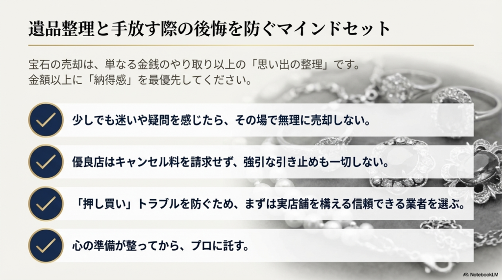宝石の売却を「思い出の整理」と捉え、金額以上の納得感を優先すること、疑問があれば無理に売らないこと、信頼できる実店舗を選ぶことなどを推奨するスライド。