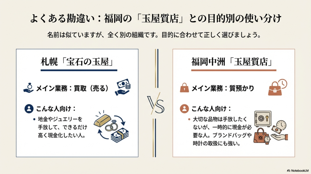 買取メインの札幌店と質預かりメインの福岡店の目的別の使い分け。高く売りたい人と品物を手放したくない人の違い。