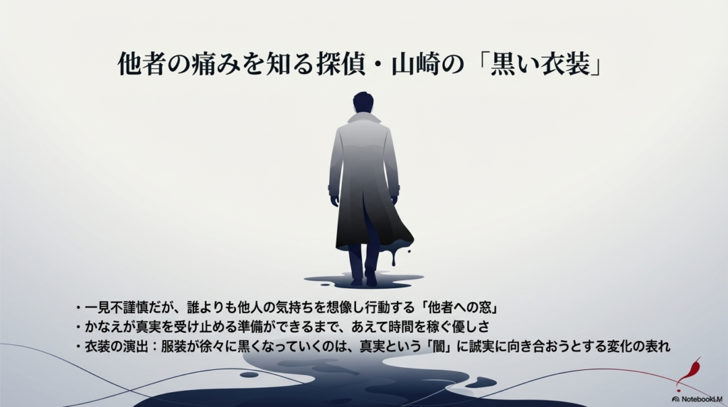 黒いコートを着た男性の後ろ姿。衣装が黒くなっていくことで真実に向き合う変化を表す演出の解説。