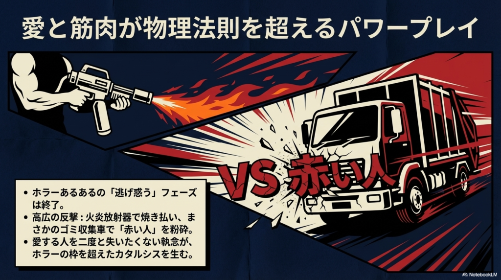 火炎放射器やゴミ収集車を使って赤い人を粉砕する、ホラーを超えた高広のアクション解説。