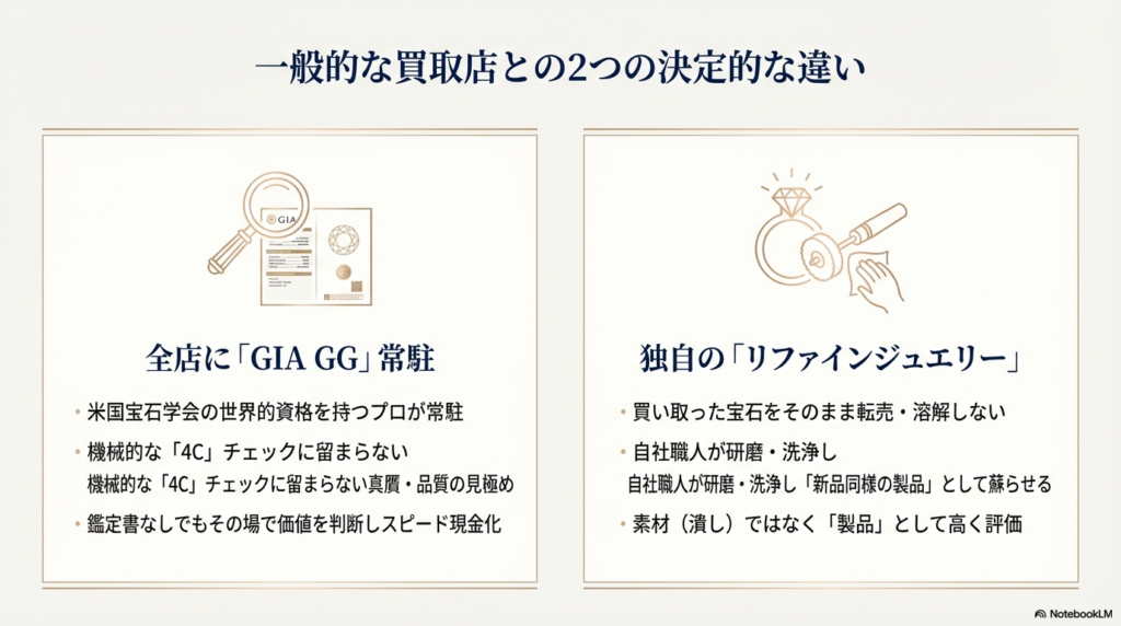 一般的な買取店との違い。1.全店にGIA GG（米国宝石学会宝石鑑定士）が常駐し4C以上の品質を見極める。2.独自の「リファインジュエリー」として自社職人が研磨・洗浄し製品として評価する仕組みの解説。