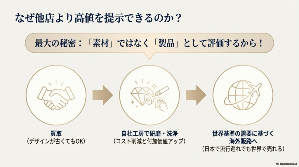 高価買取の最大の秘密。古いデザインでも「素材」ではなく「製品」として評価。自社工房での研磨・洗浄によりコストを削減し、日本で流行遅れでも世界基準の需要がある海外販路へ流す仕組みの図解。
