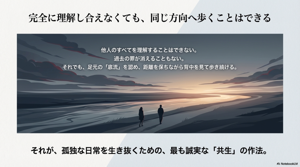 夕暮れの川沿いを歩く二人のシルエット。理解し合えなくても同じ方向へ歩き続けることの意義。