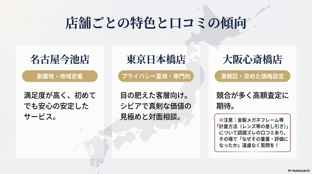 各店舗の特色まとめ。名古屋今池店は地域密着。東京日本橋店はプライバシー重視。大阪心斎橋店は激戦区で攻めた価格。金製メガネ等の計量に関する注意点も記載。