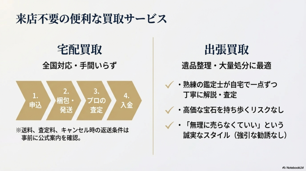 宅配買取と出張買取の案内。申込、梱包・発送、査定、入金のステップ図解。高価な宝石を持ち歩くリスクがなく、無理に売らなくていい誠実なスタイルであることを紹介。