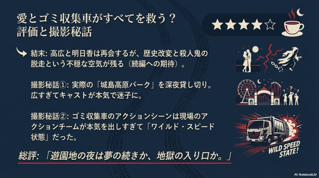 星4つの評価と、城島高原パークでの迷子事件やゴミ収集車の「ワイルド・スピード」状態に関する秘話。