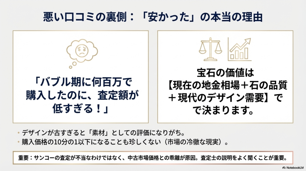 「安すぎた」という口コミの背景。バブル期の購入価格と現在の中古市場価格（地金＋石の品質＋現代のデザイン需要）の乖離を説明。市場の現実として購入価格の10分の1以下になることもある点を解説。