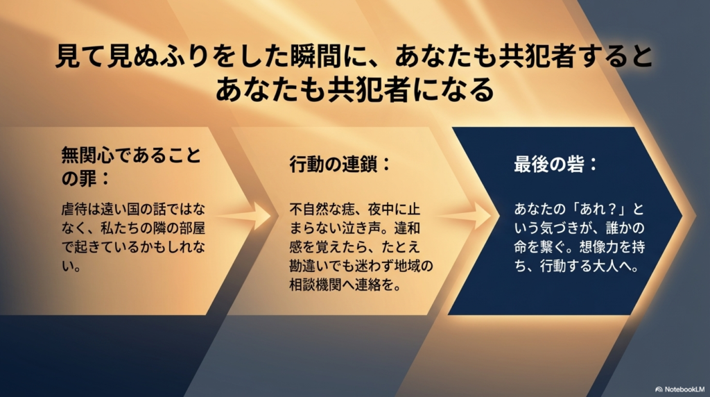 無関心であることの罪を説き、不自然な痣や泣き声などの違和感に気づいたら迷わず連絡すること、大人の気づきが最後の砦になるという強いメッセージを込めたスライド。