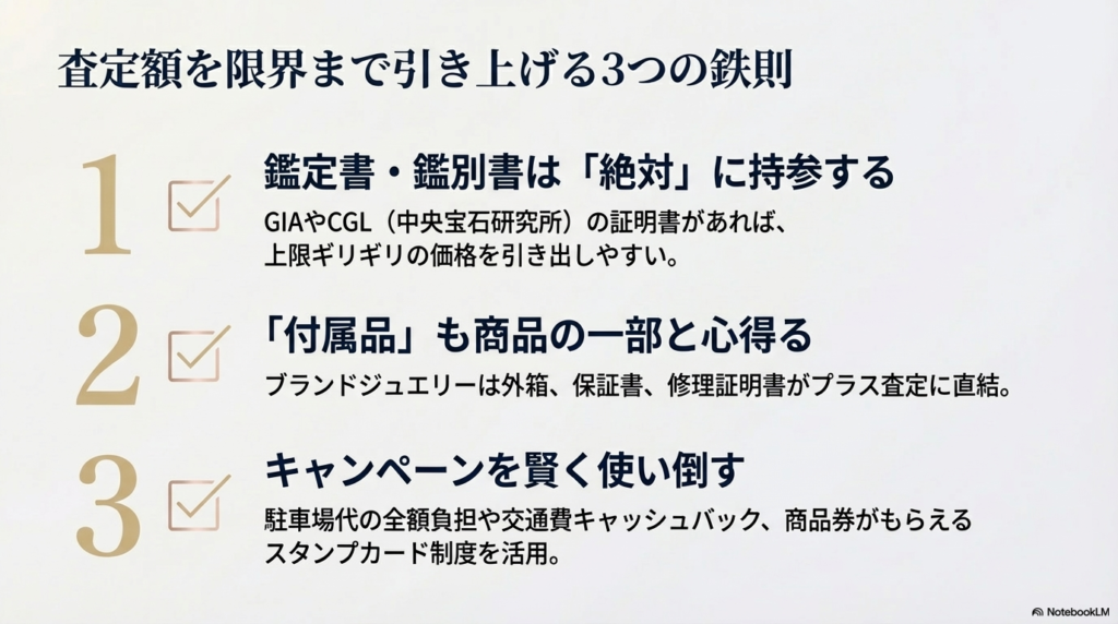 高く売るための3つのコツ。1.GIAやCGLの鑑定書・鑑別書を持参する。2.外箱や保証書などの付属品を揃える。3.駐車場代負担や商品券などのキャンペーンを使い倒す。