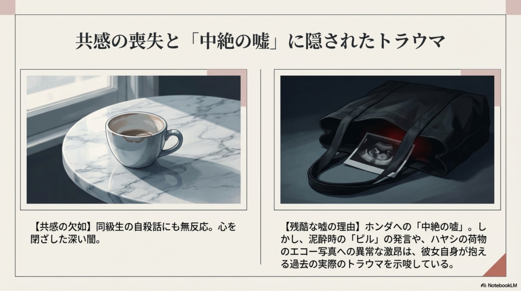 口紅のついたカップと、バッグの中に忍ばされたエコー写真の画像。他者への共感の喪失と、嘘の裏側に潜む過去のトラウマを示唆する解説スライド。