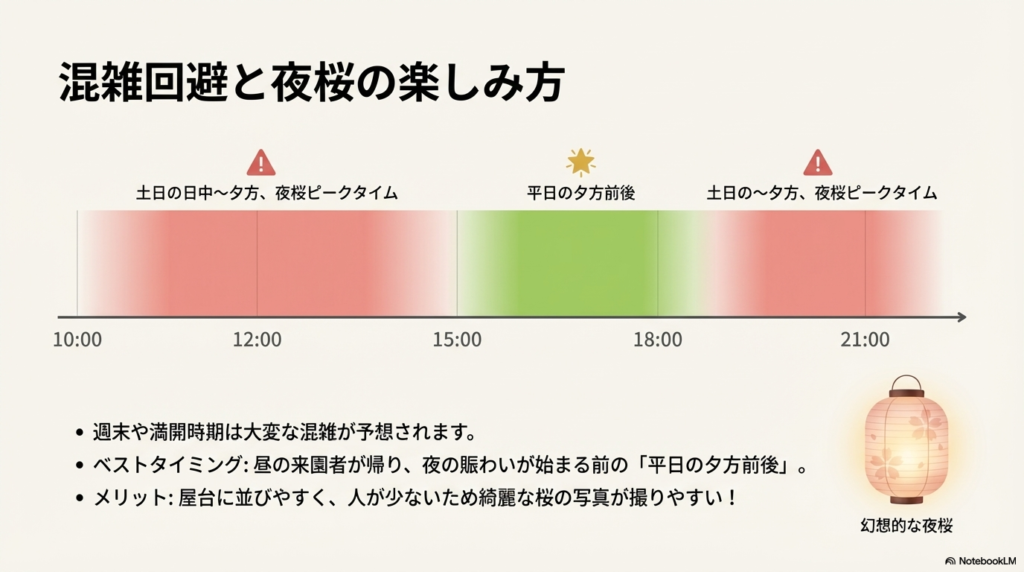 10:00から21:00までの混雑度を示すカラーバー。 土日の日中や夜桜ピーク時は赤く(混雑)、平日の夕方前後(15:00〜18:00頃)がグリーンで「ベストタイミング」と示されている。