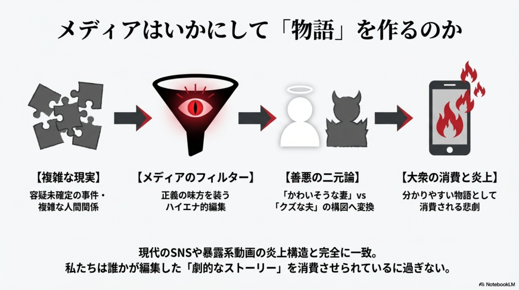 複雑な現実がメディアのフィルターを通ることで、「かわいそうな妻VSクズな夫」という分かりやすい物語へ変換・消費される構造を示した図解。