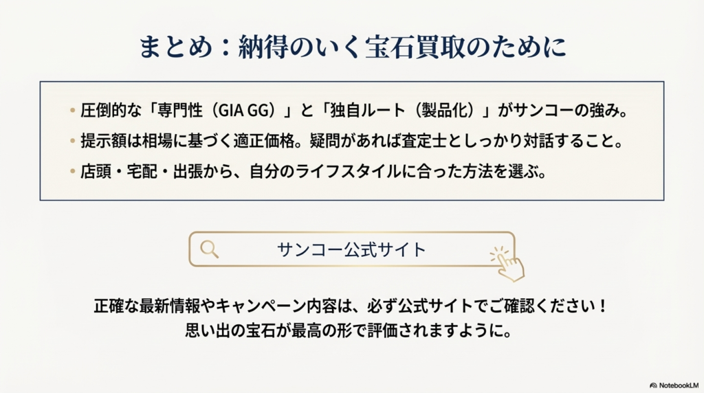 宝石買取サンコーのまとめ。専門性（GIA GG）と独自ルート（製品化）が強み。提示額は適正価格であり、疑問があれば対話することが重要。ライフスタイルに合わせた買取方法を選べる。