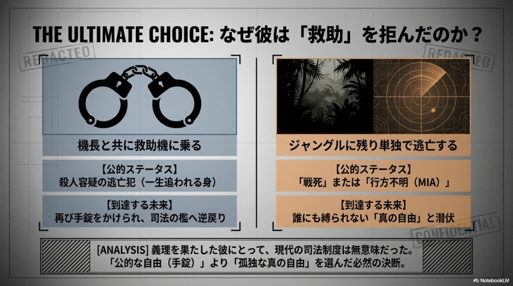 手錠とジャングルの対比図。機長と救助される「公的な自由(再逮捕)」か、ジャングルに残る「真の自由」かの選択肢と、その分析結果が記載されている 。