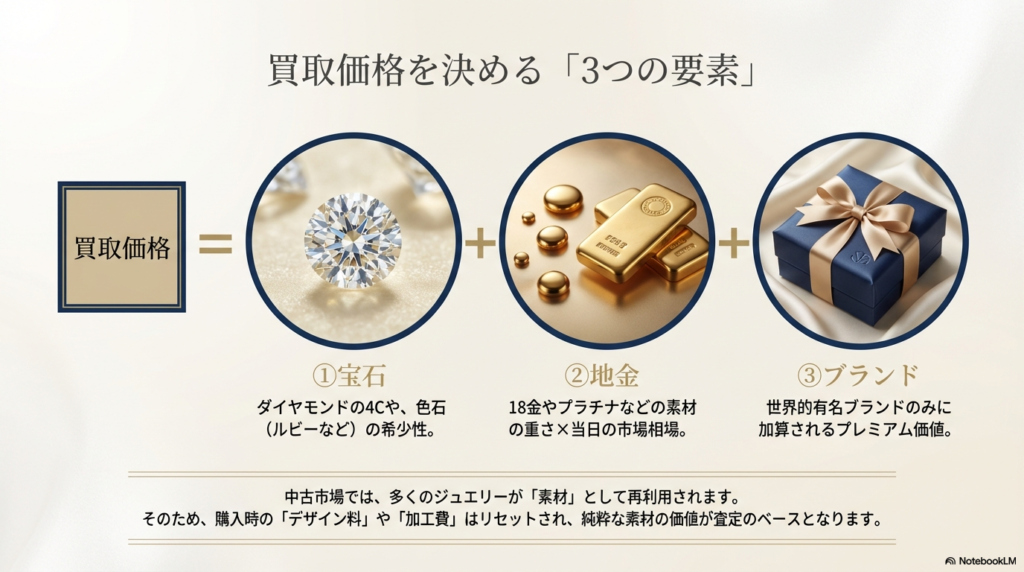 宝石、地金、ブランドの3要素を示す図解。購入時のデザイン料や加工費がリセットされ、素材価値がベースになる仕組みを説明するスライド。