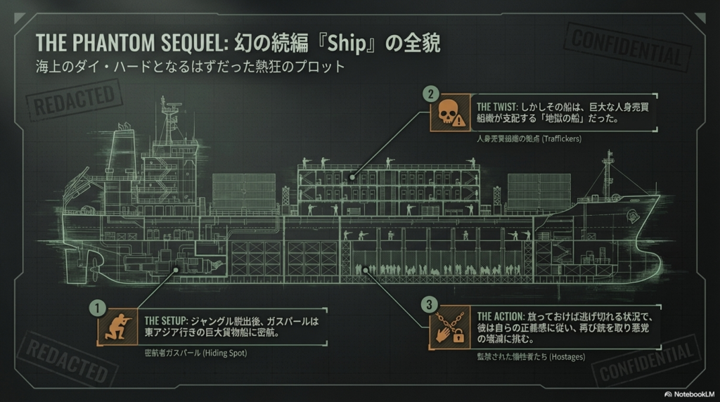 巨大貨物船の断面図。ガスパールの潜伏場所、人身売買組織の拠点、監禁された犠牲者たちの配置が示されており、物語の構成(セットアップ・ツイスト・アクション)が解説されている 。