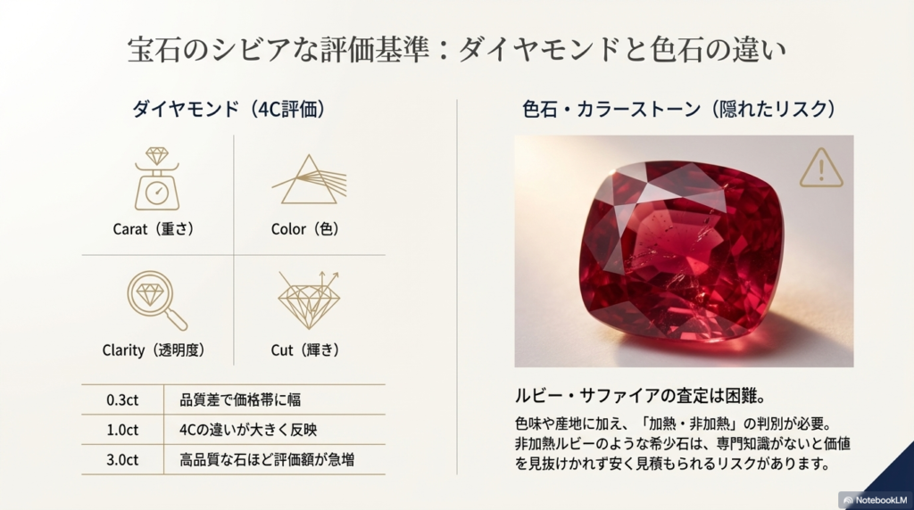ダイヤモンドの4C評価と、色石（ルビー・サファイア）の査定リスクを比較したスライド。1.0ctや3.0ctなど、重さによる評価の伸びも記載。