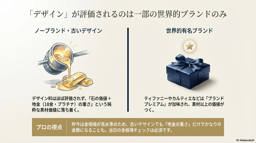 鑑定書がある場合の「強気な適正価格」と、ない場合の「安全圏の安値」を比較。鑑定書が「品質の裏付け」になることを示すスライド。