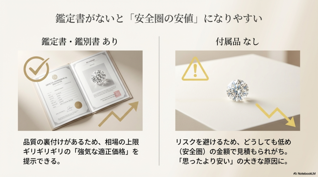 世界的有名ブランドはプレミアム価値が付く一方、ノーブランドは素材価値（石＋地金）になることを解説。昨今の金相場の高騰についても言及したスライド。