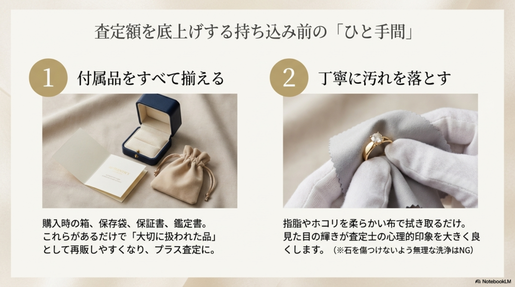付属品（箱、保証書、鑑定書）を揃えることと、柔らかい布で丁寧に汚れを落とすことがプラス査定に繋がることを説明するスライド。