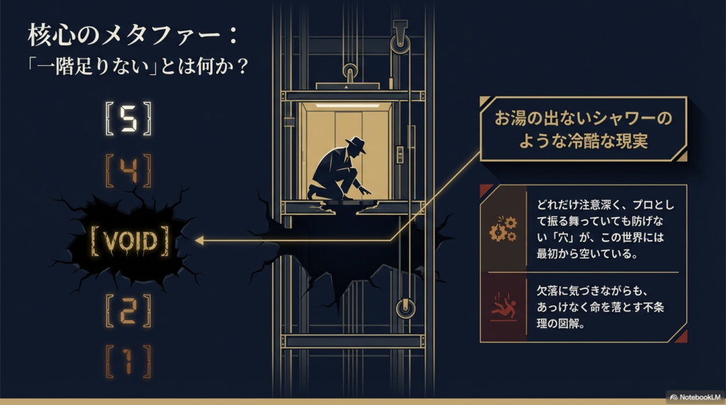 エレベーターの階数表示が1、2、[VOID]、4、5となっており、3階部分の欠落（穴）を覗き込む男が描かれた、不条理な現実の図解 。