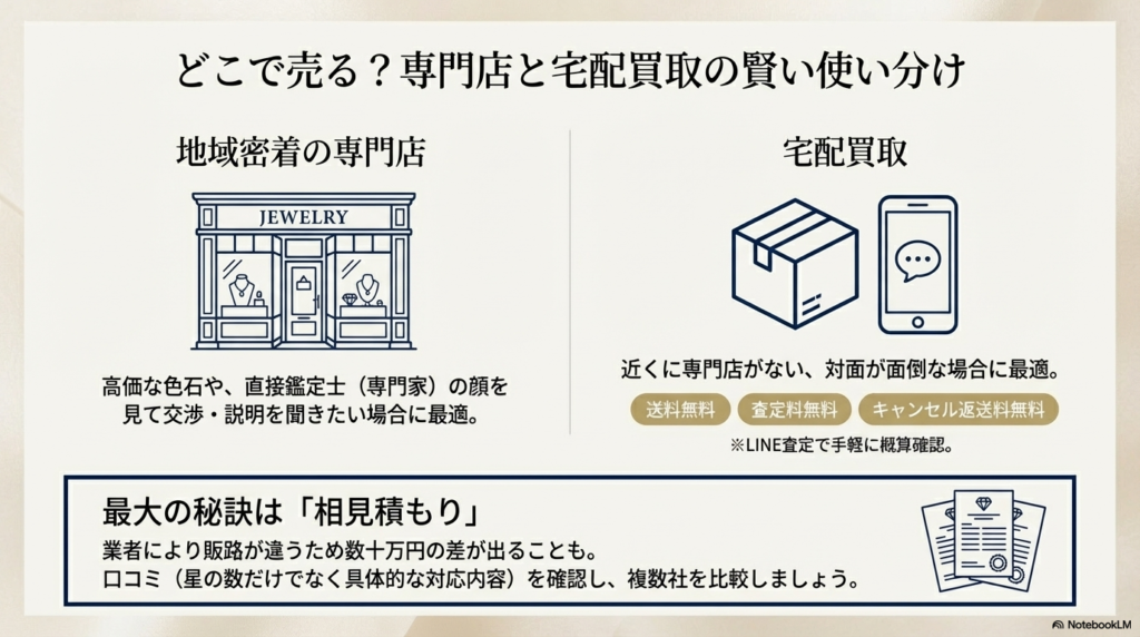 地域密着の専門店と宅配買取のメリットを比較。高価な色石は対面、手軽さは宅配が向いていることや、相見積もりの重要性を説くスライド。