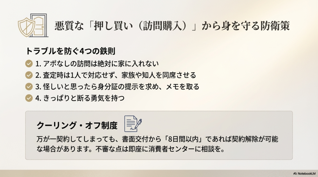 アポなし訪問の拒否や家族の同席など、トラブルを防ぐ4つの鉄則とクーリング・オフ制度（8日間以内）をまとめたスライド。