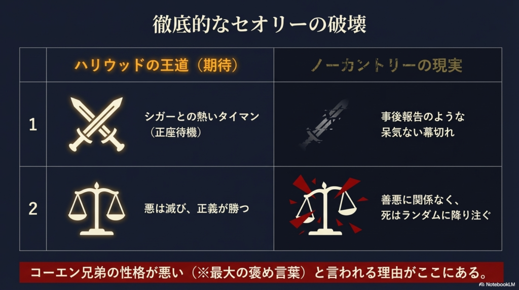 天秤を用い、左側に「ハリウッドの王道(正義が勝つ)」、右側に「ノーカントリーの現実(死はランダム)」を並べた比較図 。