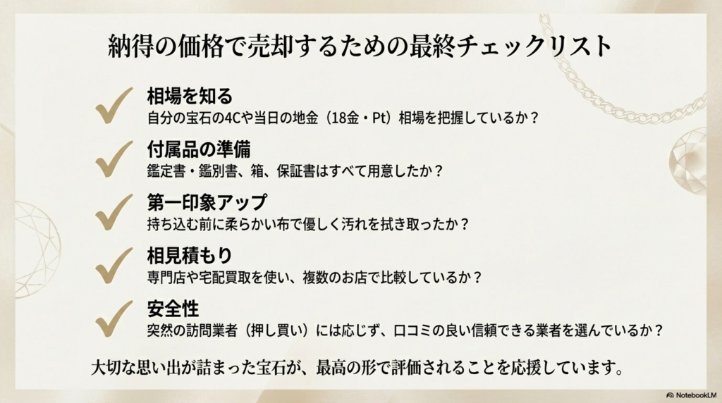 相場、付属品、第一印象、相見積もり、安全性の5項目を確認する最終チェックリストを掲載したスライド。
